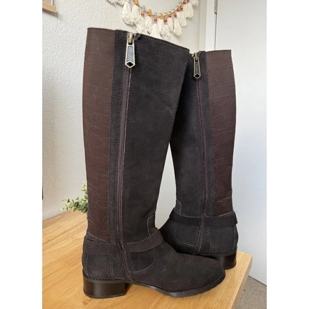 DONALD J PLINER Beso Brushed Suede Knee High Riding Buckle Boots Brown Western